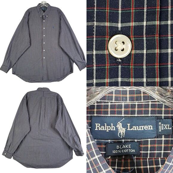 Polo Ralph Lauren Shirt Oxford Button Down Mens Size XL Blake LS Navy Blue Plaid - Picture 1 of 8